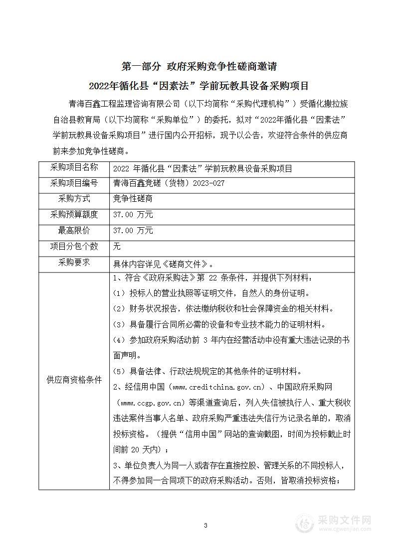 2022年循化县“因素法”学前玩教具设备采购项目