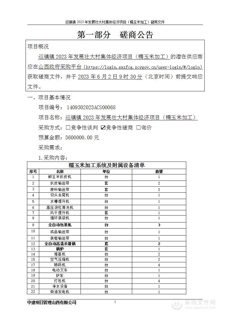 巡镇镇2023年发展壮大村集体经济项目（糯玉米加工）