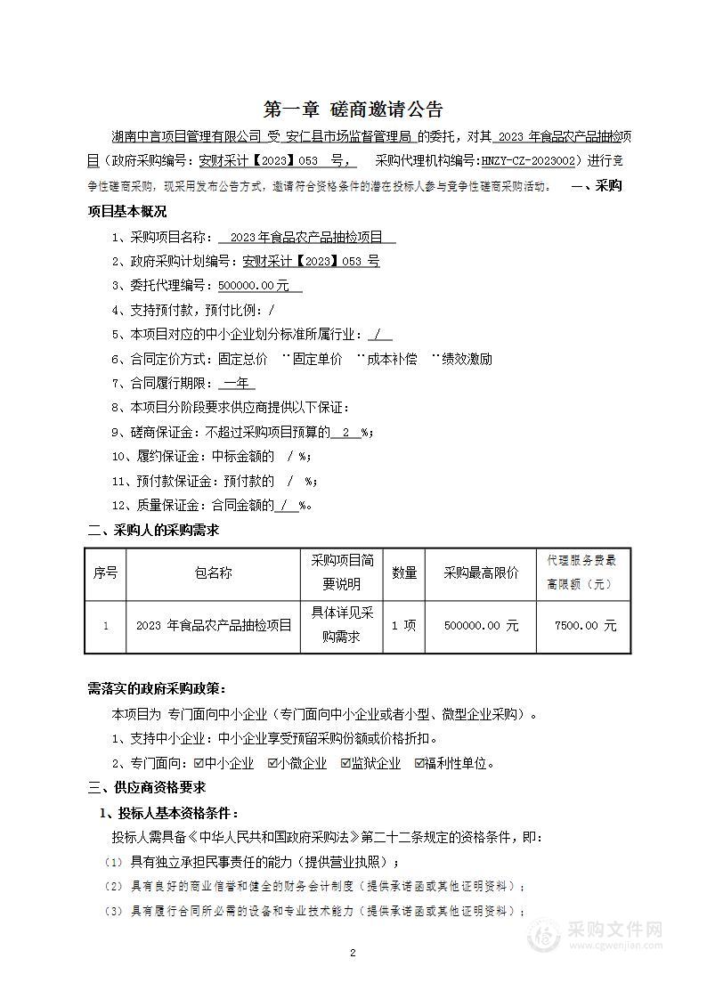 2023年食品农产品抽检项目