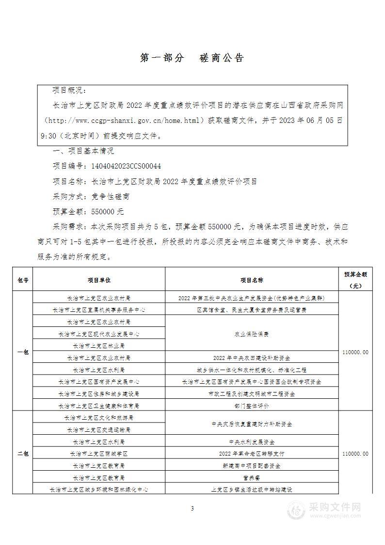 长治市上党区财政局2022年度重点绩效评价项目