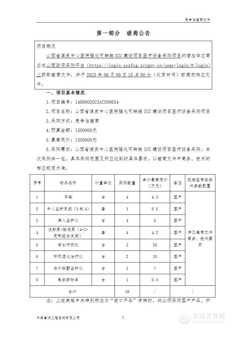 山西省煤炭中心医院强化可转换ICU建设项目医疗设备采购项目