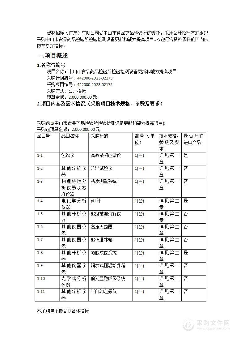 中山市食品药品检验所检验检测设备更新和能力提高项目