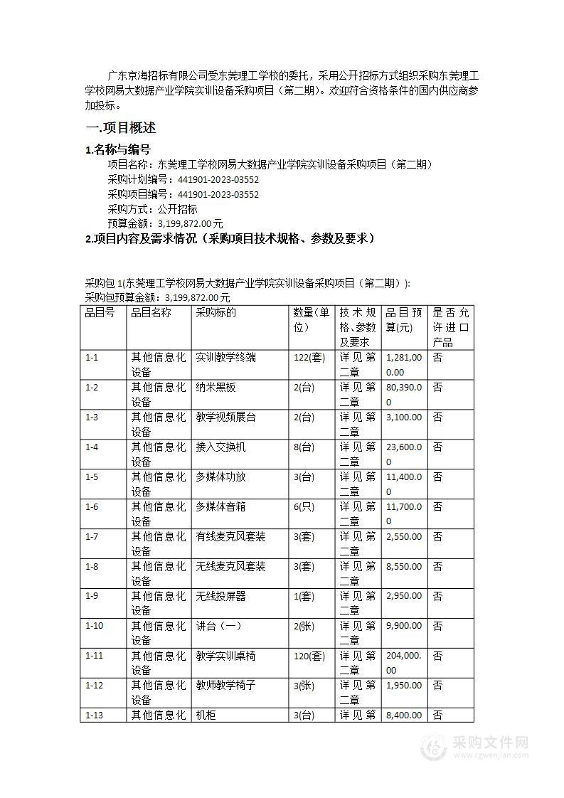 东莞理工学校网易大数据产业学院实训设备采购项目（第二期）