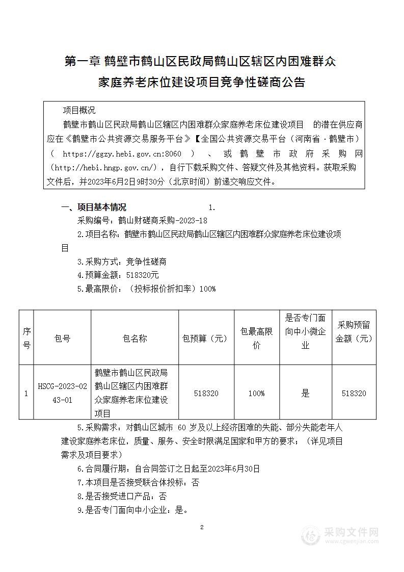 鹤壁市鹤山区民政局鹤山区辖区内困难群众家庭养老床位建设项目