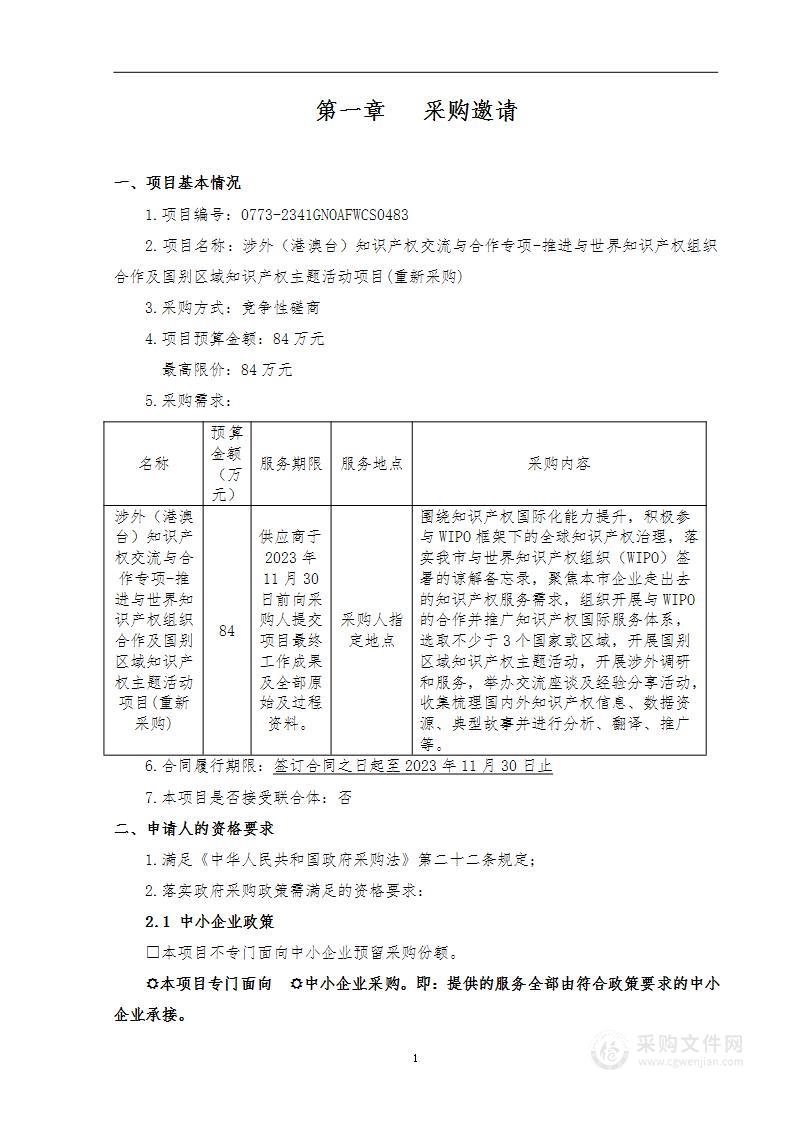 涉外（港澳台）知识产权交流与合作专项-推进与世界知识产权组织合作及国别区域知识产权主题活动项目