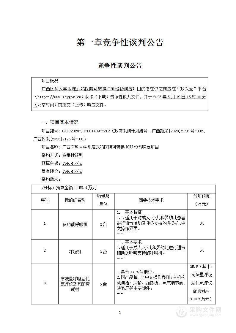 广西医科大学附属武鸣医院可转换ICU设备购置项目