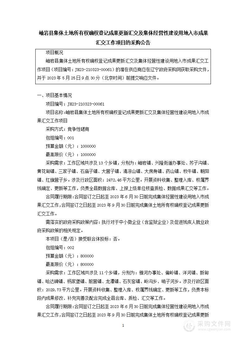 岫岩县集体土地所有权确权登记成果更新汇交及集体经营性建设用地入市成果汇交工作项目