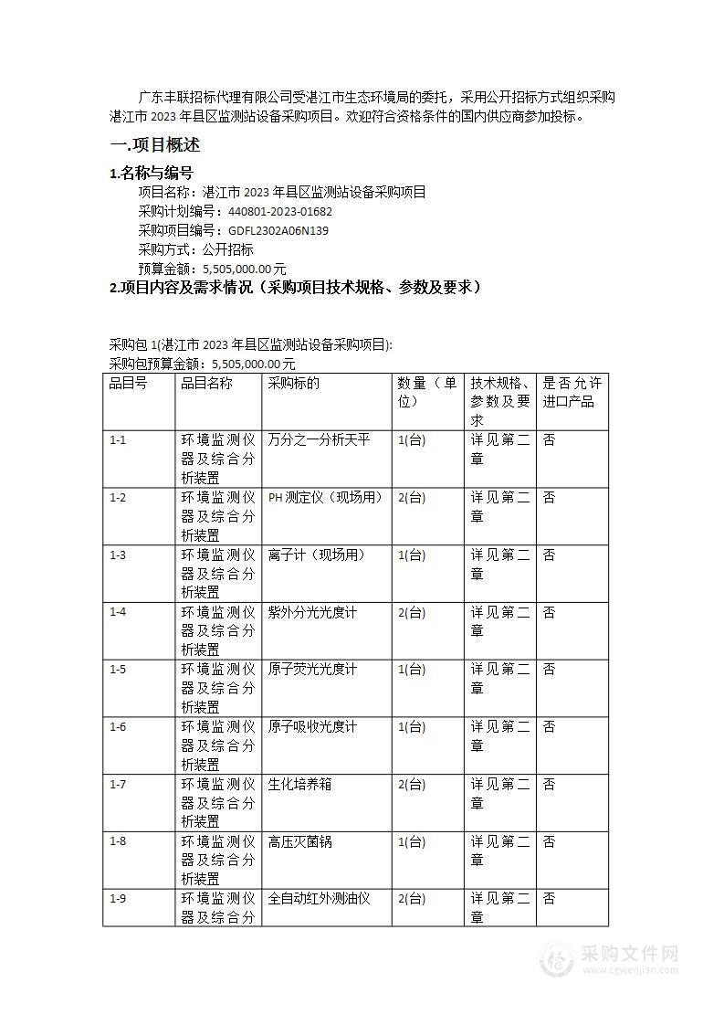 湛江市2023年县区监测站设备采购项目