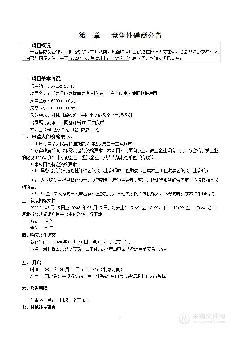 迁西县应急管理局桃树峪铁矿（主井以南）地面物探项目