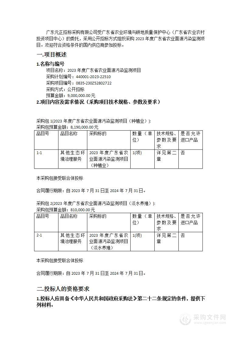 2023年度广东省农业面源污染监测项目