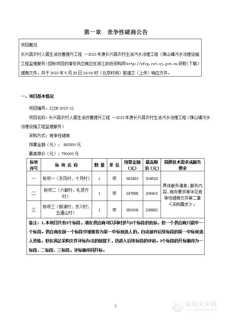 长兴县农村人居生活改善提升工程 --2023年度长兴县农村生活污水治理工程（煤山镇污水治理设施工程监理服务）