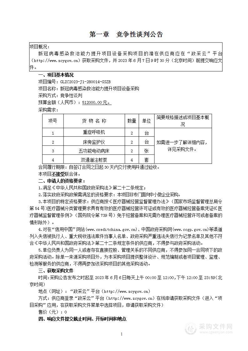 新冠病毒感染救治能力提升项目设备采购