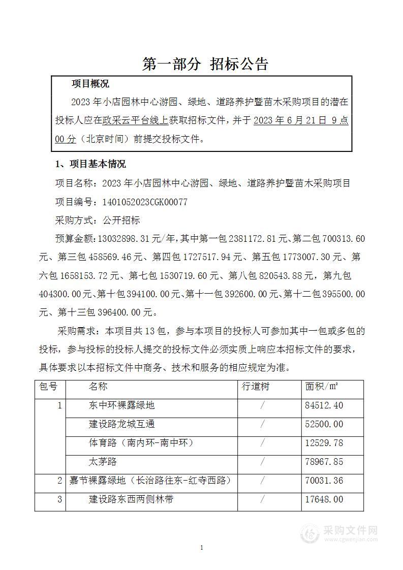 2023年小店园林中心游园、绿地、道路养护暨苗木采购项目