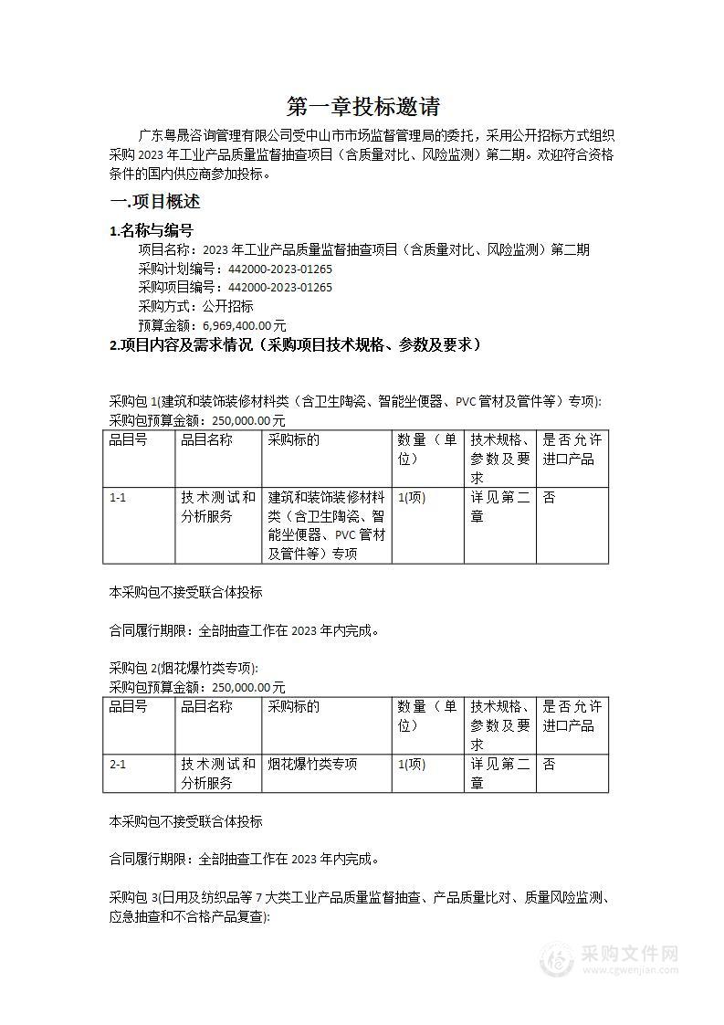 2023年工业产品质量监督抽查项目（含质量对比、风险监测）第二期