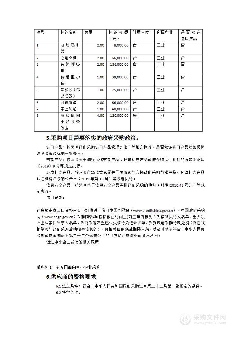 院前急救医疗设备采购及协同平台设备改造项目