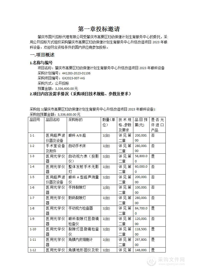 肇庆市高要区妇幼保健计划生育服务中心升级改造项目2023年眼科设备