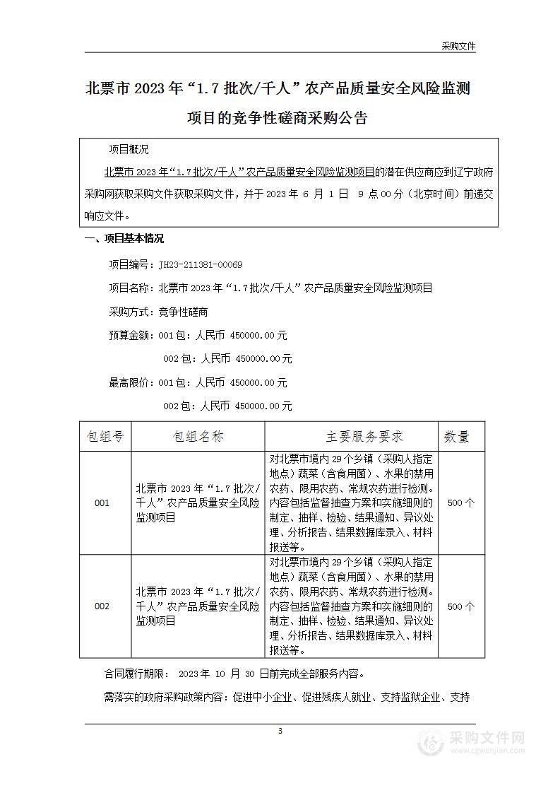 北票市2023年“1.7批次/千人”农产品质量安全风险监测项目