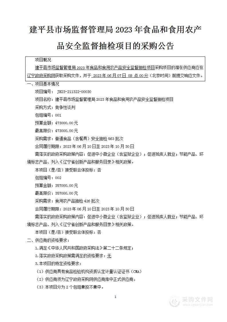 建平县市场监督管理局2023年食品和食用农产品安全监督抽检项目