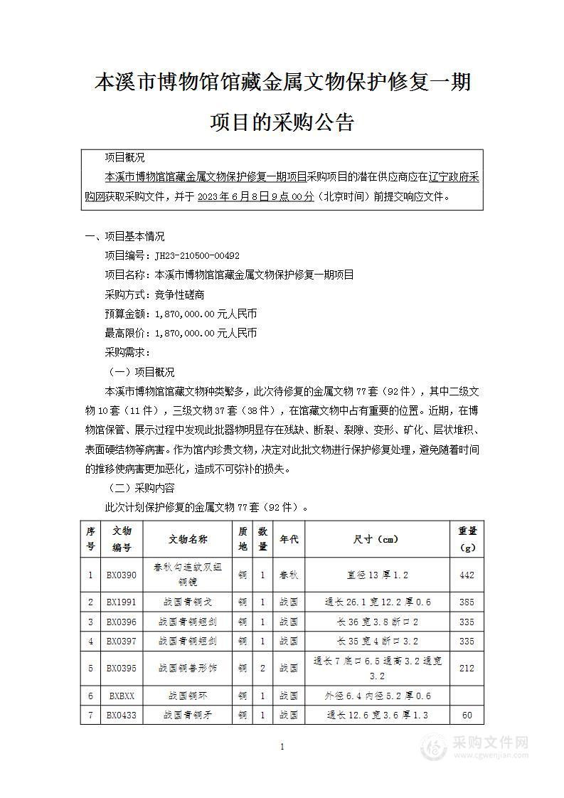 本溪市博物馆馆藏金属文物保护修复一期项目