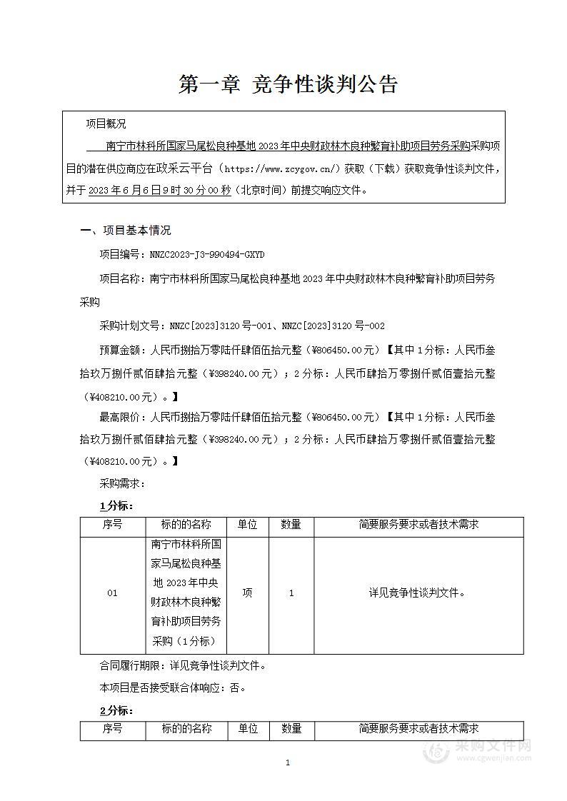 南宁市林科所国家马尾松良种基地2023年中央财政林木良种繁育补助项目劳务采购