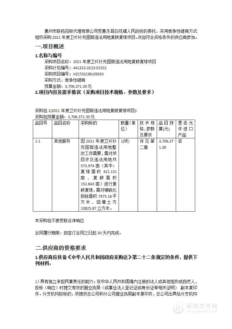 2021年度卫片补充图斑违法用地复耕复绿项目