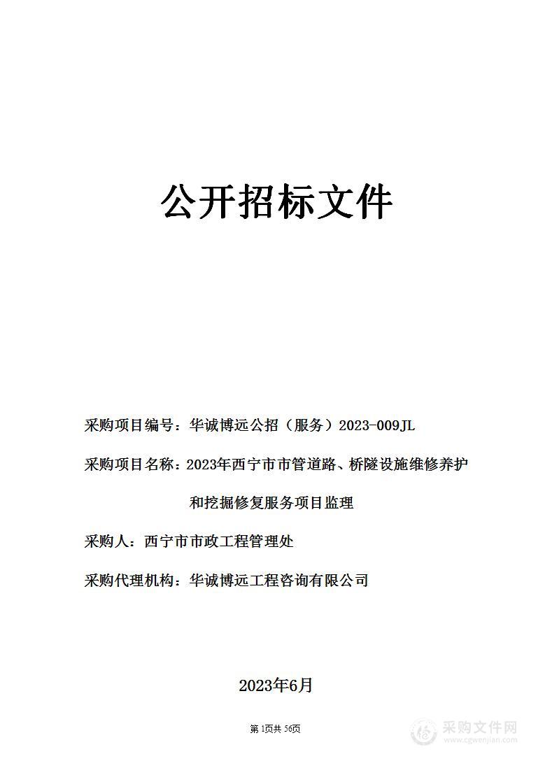 2023年西宁市市管道路、桥隧设施维修养护和挖掘修复服务项目监理项目