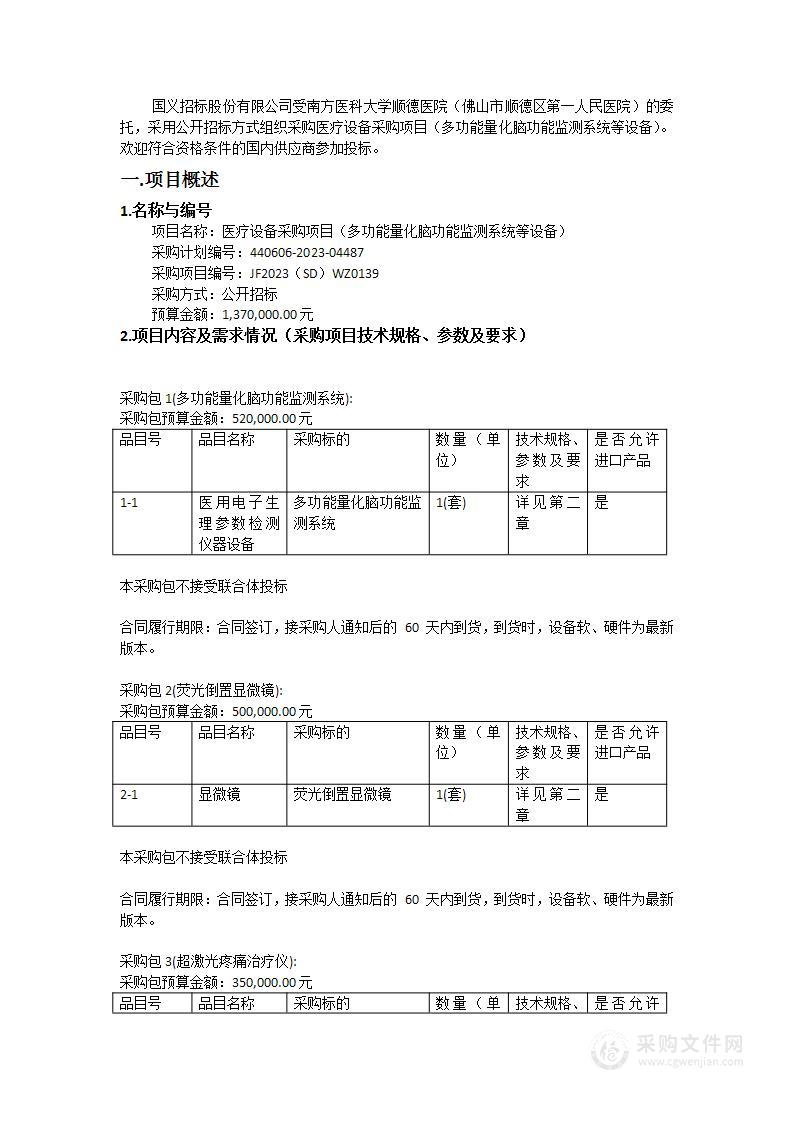 医疗设备采购项目（多功能量化脑功能监测系统等设备）