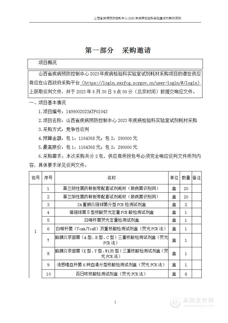 山西省疾病预防控制中心2023年疾病检验科实验室试剂耗材采购