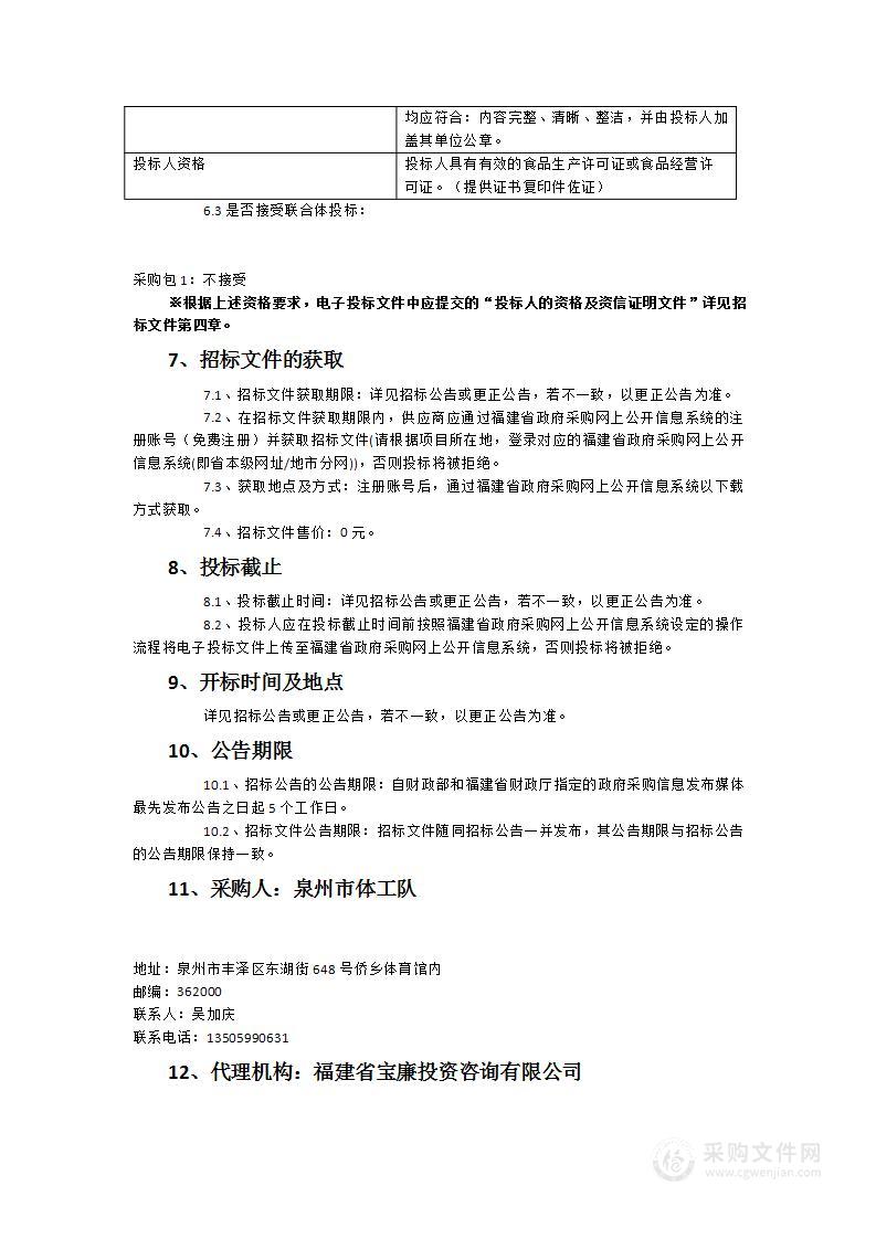 泉州市体工队2023-2024年食材配送采购