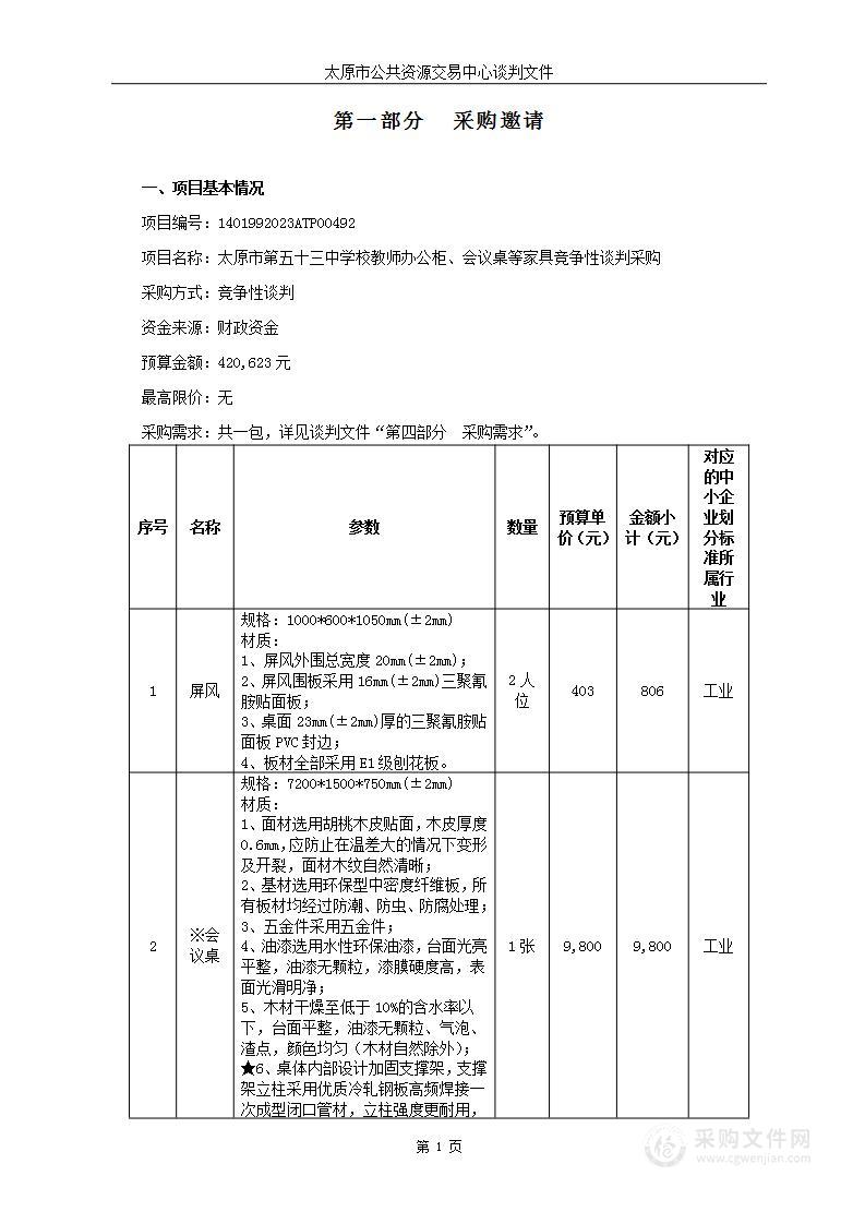 太原市第五十三中学校教师办公柜、会议桌等家具竞争性谈判采购