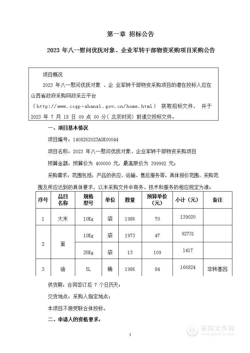 2023年八一慰问优抚对象、企业军转干部物资采购项目