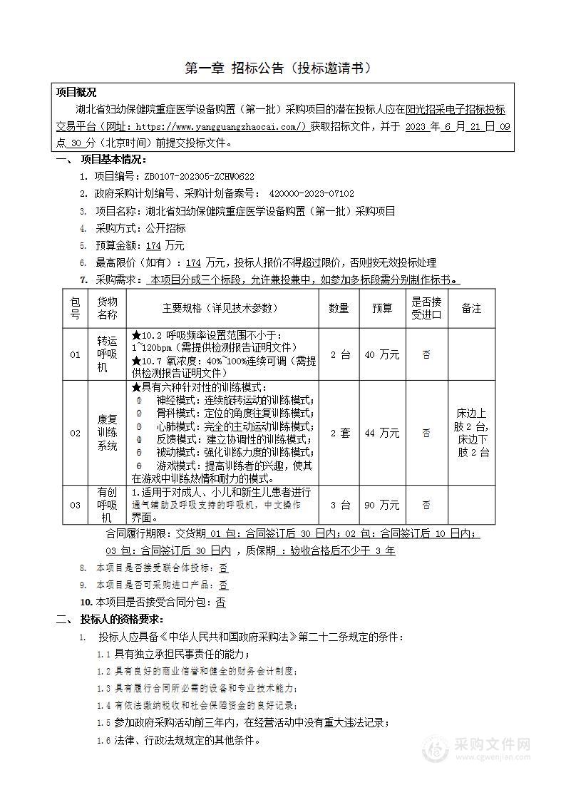 重症医学设备购置（第一批）