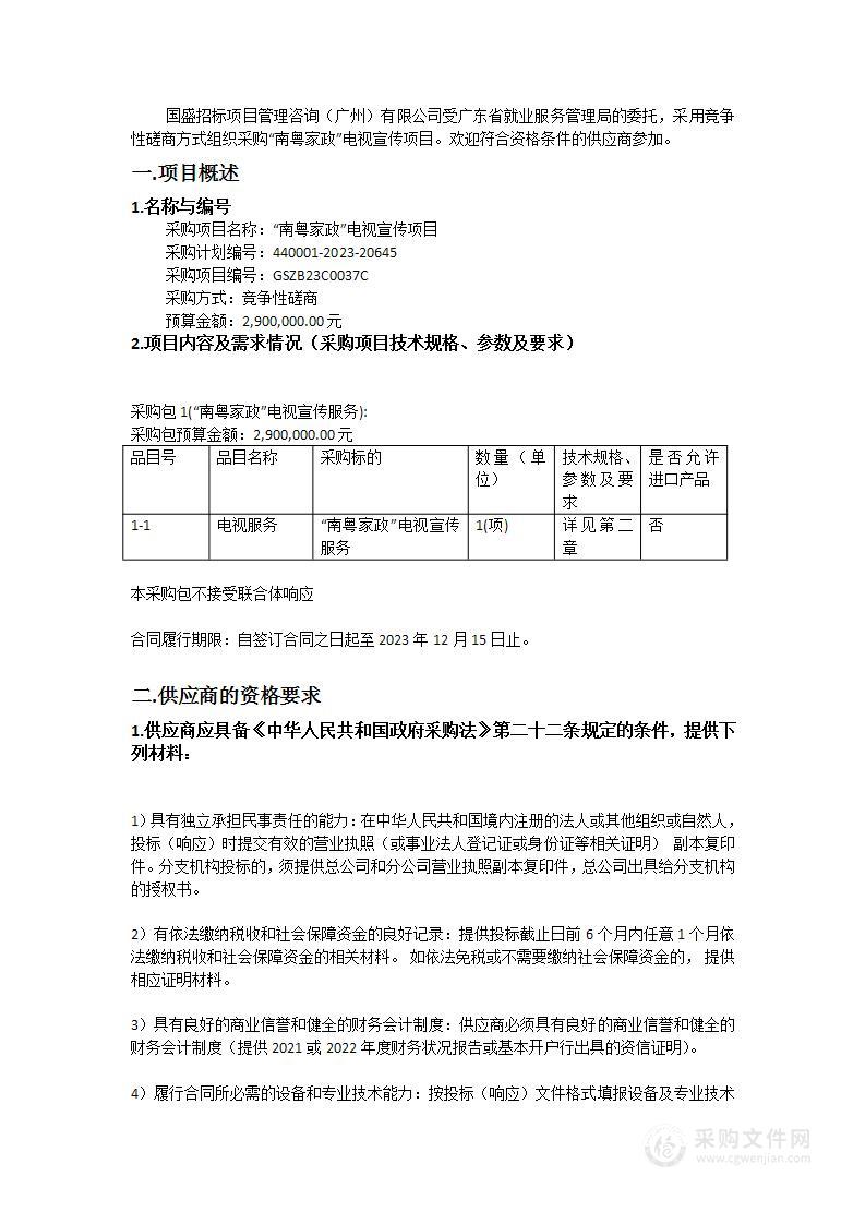 “南粤家政”电视宣传项目