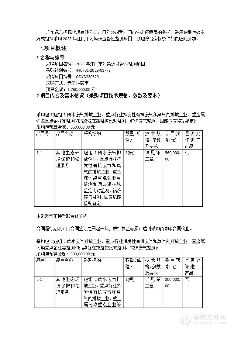 2023年江门市污染源监督性监测项目