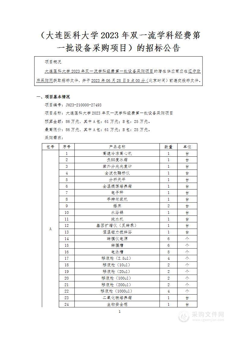 大连医科大学2023年双一流学科经费第一批设备采购项目