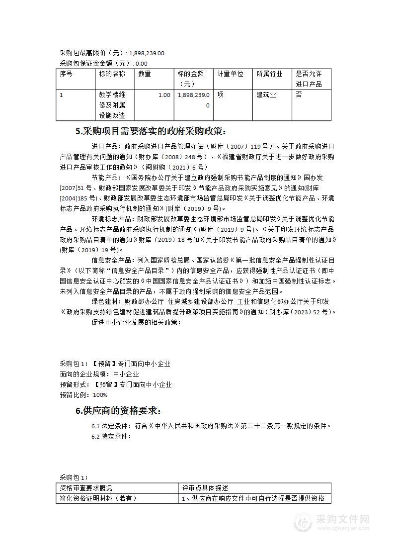 邵武市沿山中学教学楼维修及附属设施改造