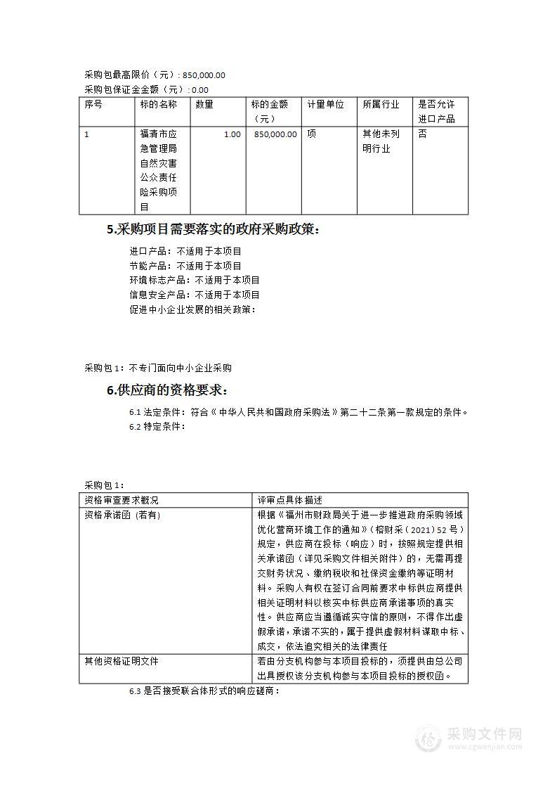 福清市应急管理局自然灾害公众责任险采购项目