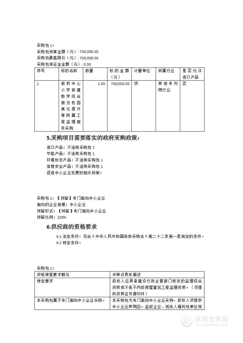 新桥中心小学新建教学综合楼及校园美化提升等附属工程监理服务采购