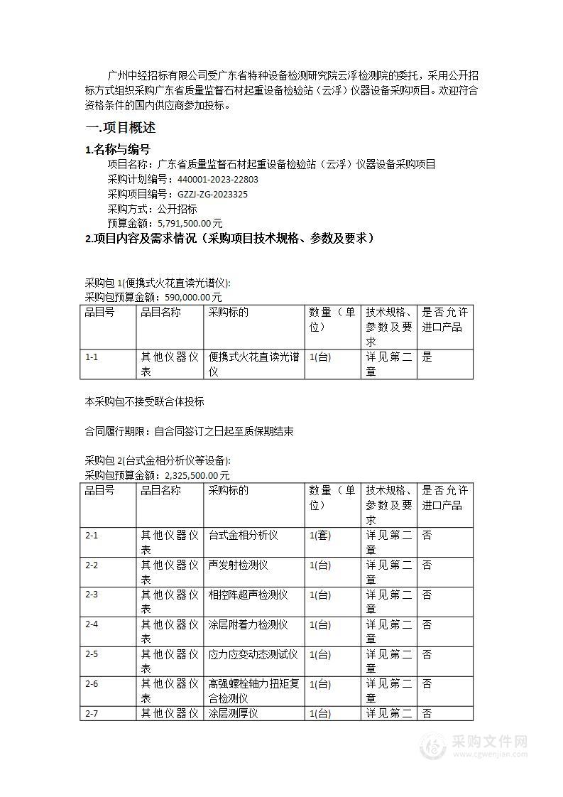 广东省质量监督石材起重设备检验站（云浮）仪器设备采购项目