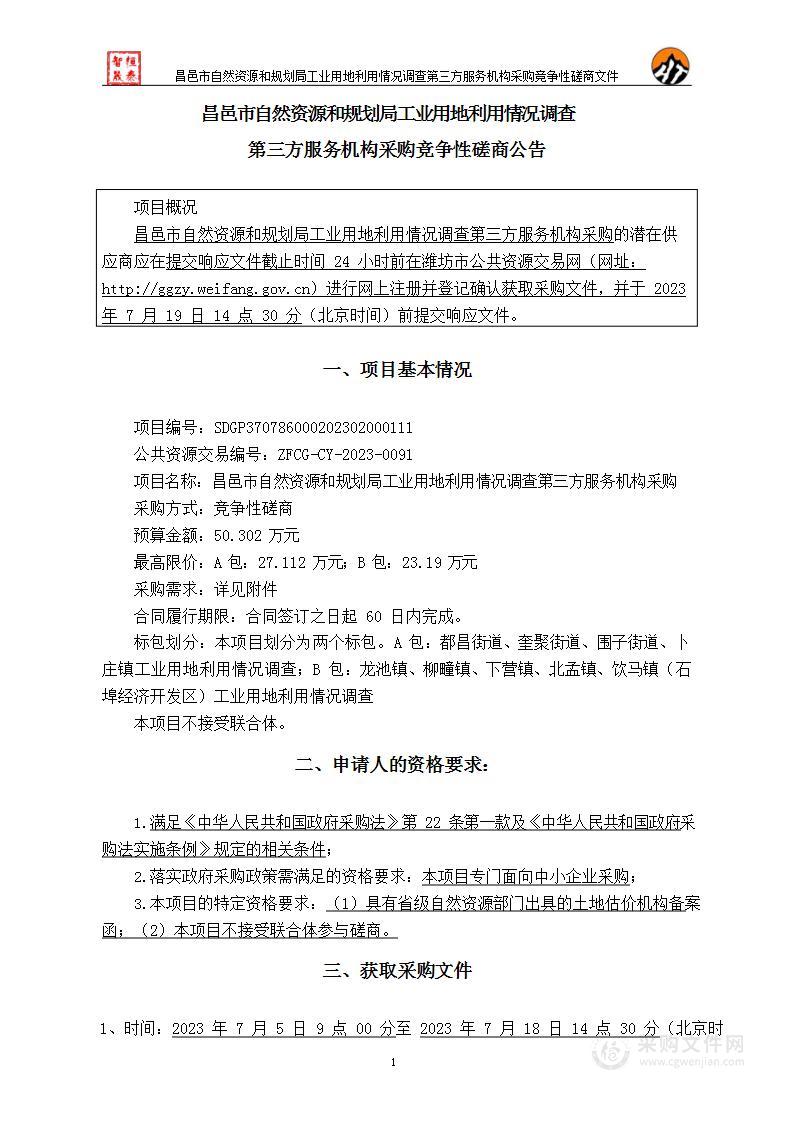 昌邑市自然资源和规划局工业用地利用情况调查第三方服务机构采购