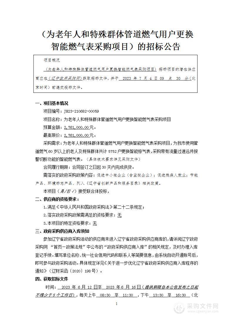 为老年人和特殊群体管道燃气用户更换智能燃气表采购项目