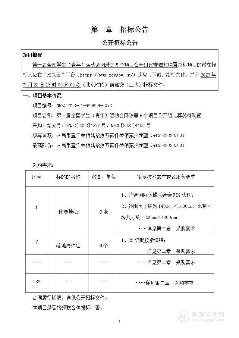 第一届全国学生（青年）运动会网球等5个项目公开组比赛器材购置