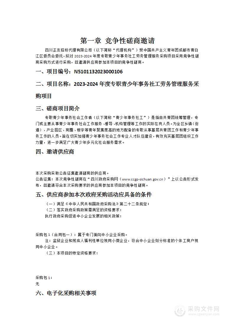 2023-2024年度专职青少年事务社工劳务管理服务采购项目