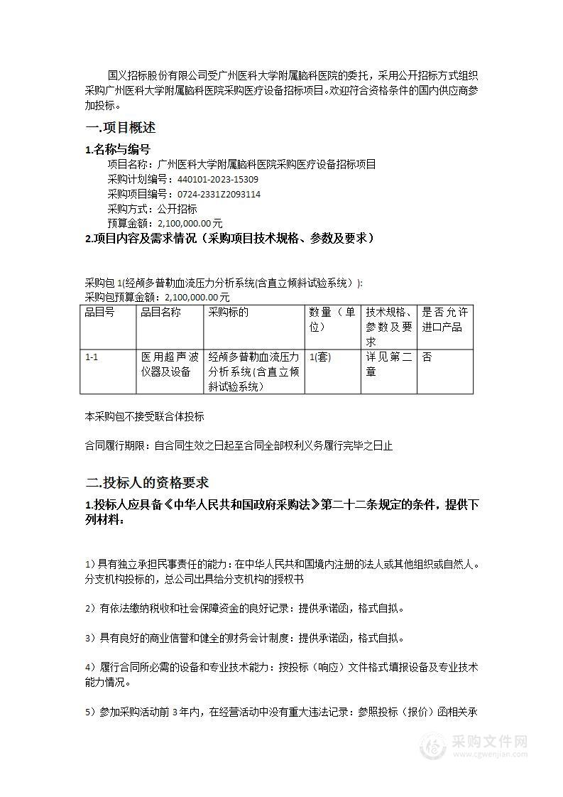 广州医科大学附属脑科医院采购医疗设备招标项目