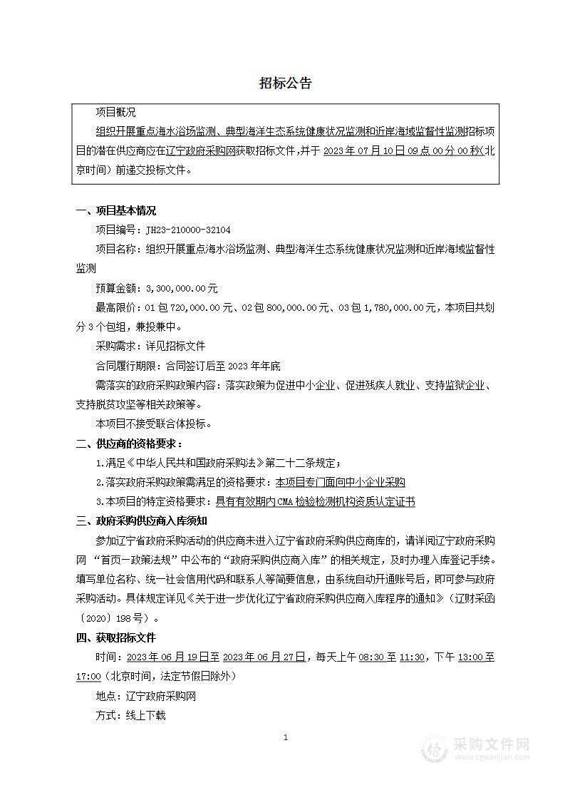 组织开展重点海水浴场监测、典型海洋生态系统健康状况监测和近岸海域监督性监测