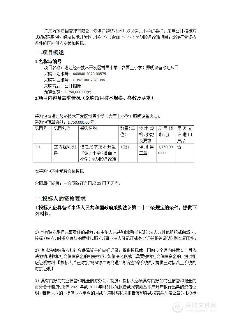 湛江经济技术开发区觉民小学（含面上小学）照明设备改造项目