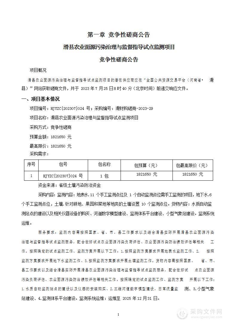 滑县农业面源污染治理与监督指导试点监测项目