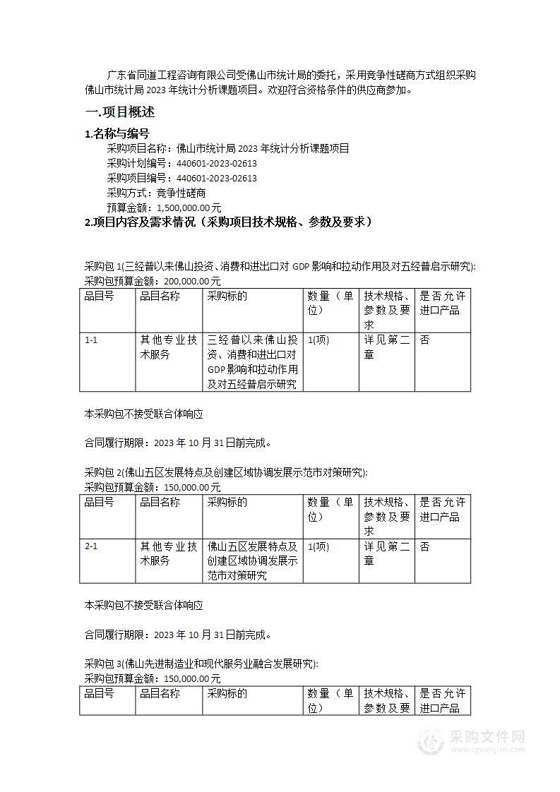 佛山市统计局2023年统计分析课题项目