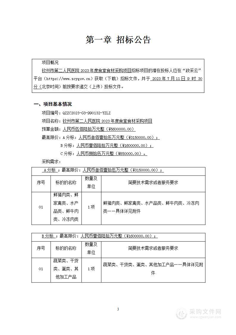 钦州市第二人民医院2023年度食堂食材采购项目