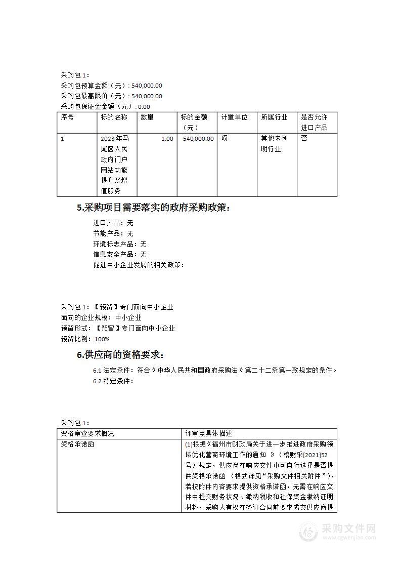 2023年马尾区人民政府门户网站功能提升及增值服务项目